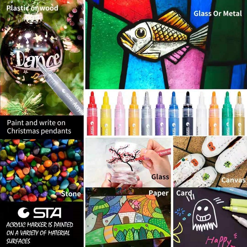 STA Acrylic Painter Markers for All Surfaces Waterproof Opaque Markers 12 Colors eStationers