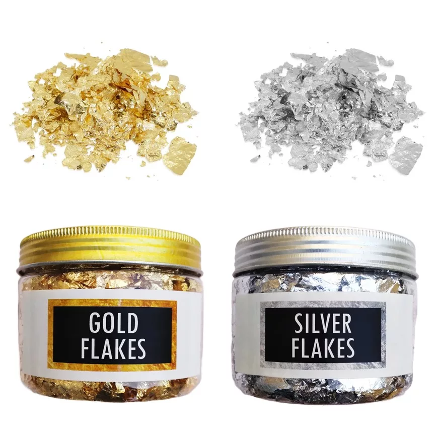 Gold Silver Leaf Foil Flakes Jar Crush Leaves Large Size Jar for Resin