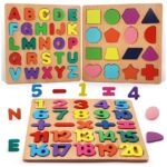 Kids Educational Learning Toys Early Childhood Wooden Puzzles Letters Alphabet Number & Shapes For 1 2 3 4 5 Year Boy Girl Toddler Children Gift 20x20cm